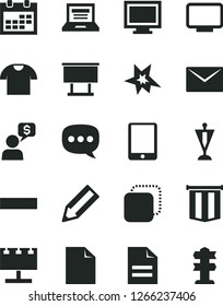 Solid Black Vector Icon Set - laptop vector, monitor window, calendar, clean sheet of paper, scribbled, minus, envelope, T shirt, copy, billboard with illumination, pencil, speech, tablet pc, bang