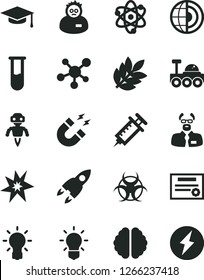 Solid Black Vector Icon Set - test tube vector, molecule, atom, bulb, brain, biohazard, magnet, scientist, graduate hat, earth core, robot, rocket, lunar rover, biology, syringe, patente, bang