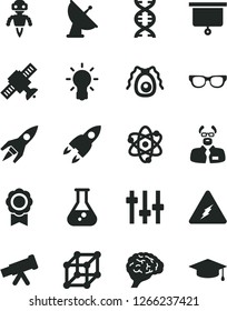 Solid Black Vector Icon Set - flask vector, telescope, electricity, atom, glasses, dna, bulb, brain, settings, satellite, bactery, scientist, medal, robot, antenna, rocket, presentation board
