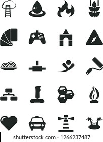Solid Black Vector Icon Set - box of bricks vector, new roller, sample colour, heart, car, flowchart, onion, mint, honeycombs, drop oil, lighthouse, connect, joystick, electricity, flame, flying man