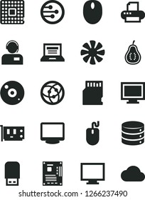 Solid Black Vector Icon Set - laptop vector, monitor, window, big data, operator, part of guava, processor, fan, mouse, motherboard, pc card, cd, printer, usb flash, network, sd, cloud