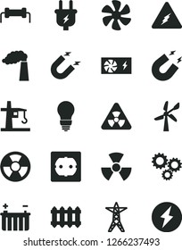 Solid Black Vector Icon Set - bulb vector, power socket type f, new radiator, marine propeller, wind energy, manufacture, battery, line, plug, radiation hazard, tower crane, magnet, three gears