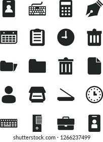 Solid Black Vector Icon Set - briefcase vector, bin, keyboard, folder, wall clock, dust, man, calendar, watch, calculator, pc tower, scanner, file, clipboard, ink pen, identity card, access