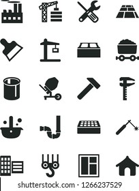 Solid Black Vector Icon Set - tower crane vector, winch hook, concrete mixer, window, small tools, siphon, city block, brick, building, putty knife, paving slab, hammer, industrial, Construction