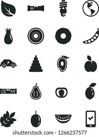 Solid Black Vector Icon Set - stacking toy vector, construction level, building, apple, rose hip, half of mango, water melon slice, passion fruit, kiwi, sour lime, pineapple, part guava, tomato