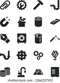 Solid Black Vector Icon Set - clip vector, hook, siphon, sewerage, gear, paving slab, kitchen faucet, hammer, strongbox, coins, tin, pipes, welding, three gears, magnet, ink pen, gold bar, safe