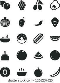 Solid Black Vector Icon Set - Hot Dog vector, birthday cake, glazed with a hole, bowl of rice porridge, fried egg, blueberries, strawberry, orange, half apricot, pomegranate, large grape, cornels