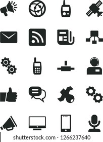 Solid Black Vector Icon Set - horn vector, rss feed, toy mobile phone, thumb up, screen, smartphone, operator, hierarchical scheme, loudspeaker, morning paper, network, connect, mail, gears, dialog