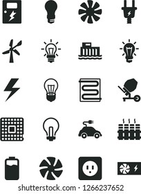 Solid Black Vector Icon Set - lightning vector, incandescent lamp, concrete mixer, power socket type b, dangers, heating coil, radiator, charge level, wind energy, bulb, light, hydroelectric station