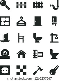 Solid Black Vector Icon Set - A Chair For Feeding Vector, House, Toilet, Comfortable, Siphon, Laying Out, Power Socket Type F, Ntrance Door, City Block, Tile, Ceramic Tiles, New Radiator, Key, Exit