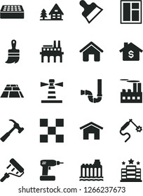 Solid Black Vector Icon Set - house vector, window, cordless drill, paint roller, wooden brush, siphon, tile, brick, putty knife, paving slab, hammer with claw, home, hydroelectricity, enterprise