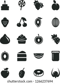 Solid Black Vector Icon Set - muffin vector, piece of cake, birthday, with a hole, lollipop, jam, strawberry, apple, cherry, grape, branch, red, fig, tasty mulberry, melon, half mango, water slice