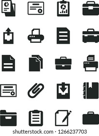 Solid Black Vector Icon Set - briefcase vector, clean paper, scribbled, upload archive data, download, portfolio, suitcase, notebook, folder, notes, clip, statistical overview, research, printer