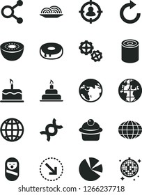 Solid Black Vector Icon Set - clockwise vector, roly poly doll, birthday cake, gears, earth, right bottom arrow, tin, onion, muffin, with a hole, kiwi, connections, man in sight, globe, planet, dna
