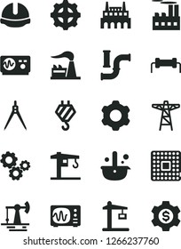 Solid Black Vector Icon Set - crane vector, hook, cogwheel, construction helmet, working oil derrick, water pipes, factory, power pole, industrial building, gear, processor, metallurgy, gears