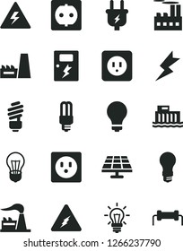 Solid Black Vector Icon Set - danger of electricity vector, matte light bulb, saving, power socket type b, lightning, dangers, solar panel, factory, hydroelectric station, plug, industrial building