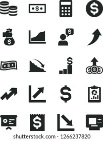 Solid Black Vector Icon Set - growth up vector, chart, negative, coins, recession, statistical overview, denomination of the dollar, financial item, calculator, report, graph, money bag hand, arrow