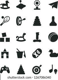 Solid Black Vector Icon Set - paper airplane vector, rubber duck, bath ball, stacking rings, toy, tumbler, children's sand set, yule, rocking horse, small, cubes for children, box of bricks, cup