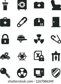 Solid Black Vector Icon Set - Baby chair vector, safety pin, open, bag of a paramedic, medical, ntrance door, helmet, lock, key, strongbox, cardboard box, radiation hazard, autopilot, encrypting