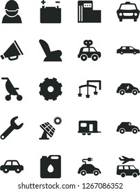 Solid Black Vector Icon Set - truck lorry vector, horn, toys over the cot, car child seat, summer stroller, motor vehicle, present, big solar panel, modern gas station, accumulator, racer, electric