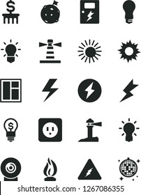 Solid Black Vector Icon Set - lightning vector, window, power socket type b, dangers, lens, light bulb, lighthouse, coastal, electricity, flame, flag on moon, dollar column, idea, sun, disco ball