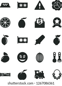 Solid Black Vector Icon Set - warning vector, plastic fork spoons, children's train, building level, ripe peach, squash, quince, melon, loquat, lemon, yellow, slice of, text highlighter, gpu card