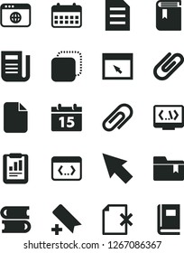 Solid Black Vector Icon Set - clip vector, add bookmark, folder, book, books, calendar, delete page, copy, statistical report, newspaper, browser, coding, cursor, file