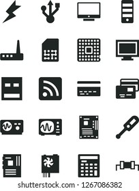 Solid Black Vector Icon Set - monitor window vector, bank card, rss feed, electronic thermometer e, lightning, screen, cards, processor, SIM, engineer calculator, pc power supply, tower, motherboard
