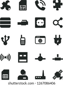 Solid Black Vector Icon Set - Puzzle vector, power socket type f, plug, SIM card, connections, dispatcher, phone call, mobile, usb, router, browser, connect, lan connector, wireless, big data
