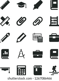 Solid Black Vector Icon Set - clip vector, briefcase, graphite pencil, yardstick, book, abacus, portfolio, writing accessories, calculation, square academic hat, scribed compasses, text highlighter