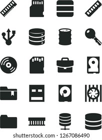 Solid Black Vector Icon Set - folder vector, bookmark, key, CD, big data, server, suitcase, barrel, radiator fan, memory, hdd, usb, sd card