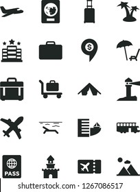 Solid Black Vector Icon Set - case vector, passport, coastal lighthouse, sand castle, dollar pin, plane, bus, suitcase, rolling, ticket, hotel, tent, beach, arnchair under umbrella, palm tree
