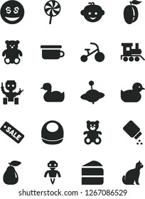 Solid Black Vector Icon Set - baby powder vector, bib, rubber duck, duckling, children's potty, teddy bear, small, hairdo, toy train, yule, tricycle, piece of cake, lollipop, pear, ripe plum, robot