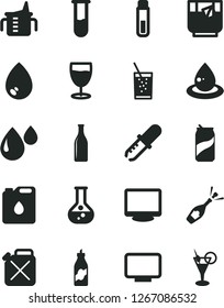 Solid Black Vector Icon Set - measuring cup for feeding vector, drop, a glass of soda, tea, can, liquor, flask, canister, oil, bottle, monitor, test tube, pipette, champagne, cocktail