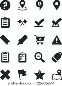 Solid Black Vector Icon Set - warning vector, bookmark, zoom out, cross, question, star, flag, crossed cart, survey, label, location, geolocation, text highlighter, clipboard, flags, vote check, map