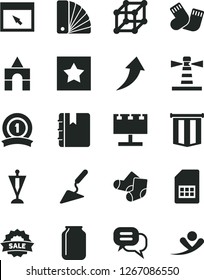 Solid Black Vector Icon Set - warm socks vector, Knitted, box of bricks, building trowel, color samples, notebook, SIM card, jar, lighthouse, billboard with illumination, sale, browser, 3d cube