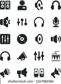 Solid Black Vector Icon Set - desktop microphone vector, horn, loudspeaker, silent mode, drumroll, headphones, regulator, volume, no sound, operator, megaphone, cd, pc speaker, settings