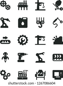 Solid Black Vector Icon Set - crane vector, winch hook, gears, concrete mixer, cordless drill, gear, industrial enterprise, conveyor, production, canister of oil, tower, gas welding, robot welder