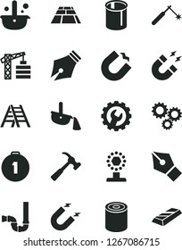 Solid Black Vector Icon Set - tower crane vector, ladder, siphon, gear, paving slab, hammer with claw, tin, magnet, horseshoe, pipes, welding, metallurgy, steel production, three gears, ink pen, cup