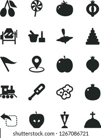 Solid Black Vector Icon Set - wind direction indicator vector, electronic thermometer e, stacking toy, sand set, baby train, small yule, concrete mixer, move left, tomato, lollipop, popcorn, apple