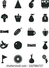 Solid Black Vector Icon Set - pennant vector, stacking toy, construction level, building, cabbage, peper, cup of tea, a glass, pear, half kiwi, sour lime, ripe guava, pepper, hot, onion, broccoli