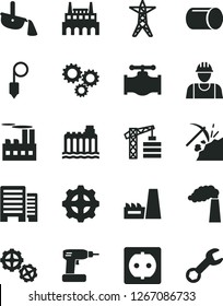 Solid Black Vector Icon Set - tower crane vector, builder, gears, cordless drill, buildings, plummet, coal mining, valve, manufacture, hydroelectricity, power line, socket, industrial building, gear
