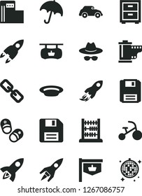 Solid Black Vector Icon Set - floppy disk vector, spectacles, hat with glasses, camera roll, bedside table, tricycle, child shoes, abacus, umbrella, plate, modern gas station, retro car, disco ball