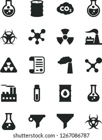 Solid Black Vector Icon Set - round flask vector, manufacture, factory, oil, barrel, industrial building, carbon dyoxide, filter, water, research article, test tube, molecule, nuclear, biohazard