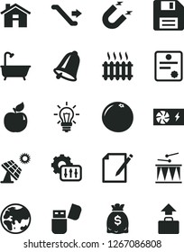 Solid Black Vector Icon Set - house vector, floppy disk, drumroll, bath, bell, notes, apricot, grapefruit, big solar panel, planet, magnet, cast iron radiator, dollars, light bulb, pc power supply