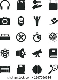 Solid Black Vector Icon Set - roly poly doll vector, building block, headphones, no sound, accumulator, wall calendar, sd card, telescope, atom, brain, book, stopwatch, man hands up, arm with key