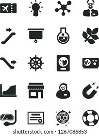 Solid Black Vector Icon Set - flask vector, molecule, bulb, oscilloscope, magnet, scientist, growth graph, biology, presentation board, patente, escalator, passport, plane ticket, disco ball, store