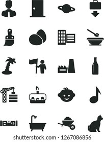 Solid Black Vector Icon Set - plates and spoons vector, children's hairdo, tower crane, garden trolley, plastic brush, bath, ntrance door, building level, city block, employee, planet, eggs, torte