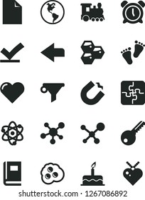Solid Black Vector Icon Set - alarm clock vector, left direction, clean sheet of paper, footprints, cake, Puzzles, key, heart, omelette, honeycombs, planet Earth, horseshoe magnet, water filter
