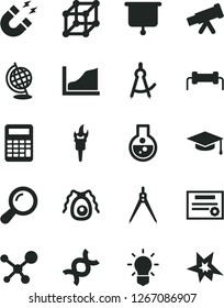 Solid Black Vector Icon Set - flask vector, telescope, molecule, zoom, dna, bulb, bactery, globe, magnet, graduate hat, calculator, drawing compass, growth graph, presentation board, patente, bang